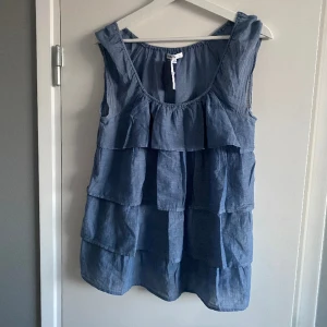 blå volangtopp - jättefin blå topp med volanger❤️‍🔥 köpt på erikshjälpen men ursprungligen från kappahl, man kan ha den både vanligt och offshoulder❤️‍🔥