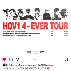 Hov1 biljetter early entrance - Säljer 2st biljetter Ståplats Insläpp 18:00  Börjar 21:00 Går att köpa via ticketswap, har org biljetter men har fått förhinder så kan tyvärr inte gå nypris 800kr, säljer för 600st 