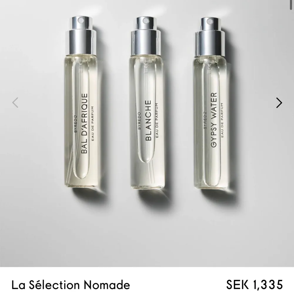 Selection av bästsäljande byredo parfymer, bal d’afrique, blanche och gypsy water. Oöppnad. Accessoarer.