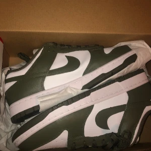 Nike dunks  - HELT OANVÄNDA!!! Oanvända Nike dunk low i white/olive strl 42.5. Säljer pga för små🌸 Nypris: 1350kr