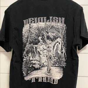 Devilish Trio T-Shirt - Originalmerch från devilish trio, en tennessee-baserad dark trap/phonk-trio. De la ner 2020 vilket jag tänker gör denna t-shirt en smula raaaare. Detta tillsammans med att jag gillar den (passar mig inte längre) ligger till grund för priset.