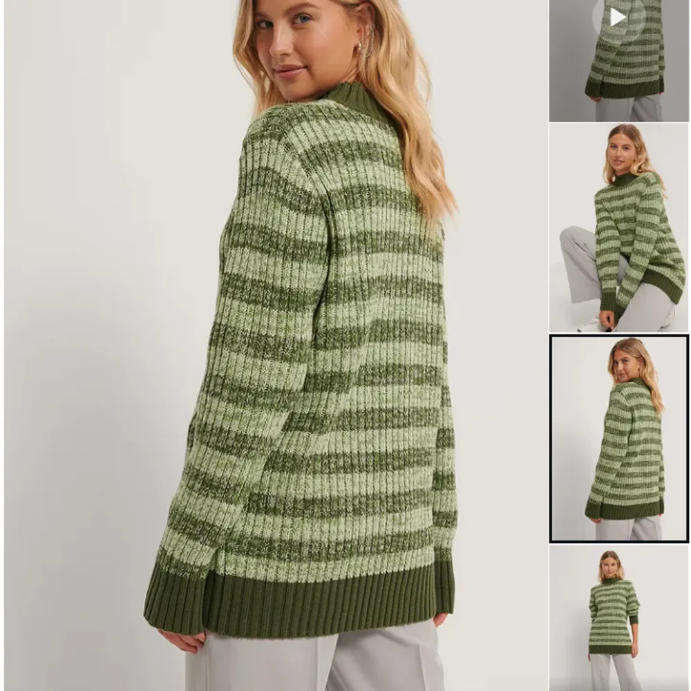 Stickad grön, randig tröja från Emilie Malou x NA-KD. Bra använt skick. Strl S men passar M också. Färgen är mest lik modellbilderna ☺️. Stickat.