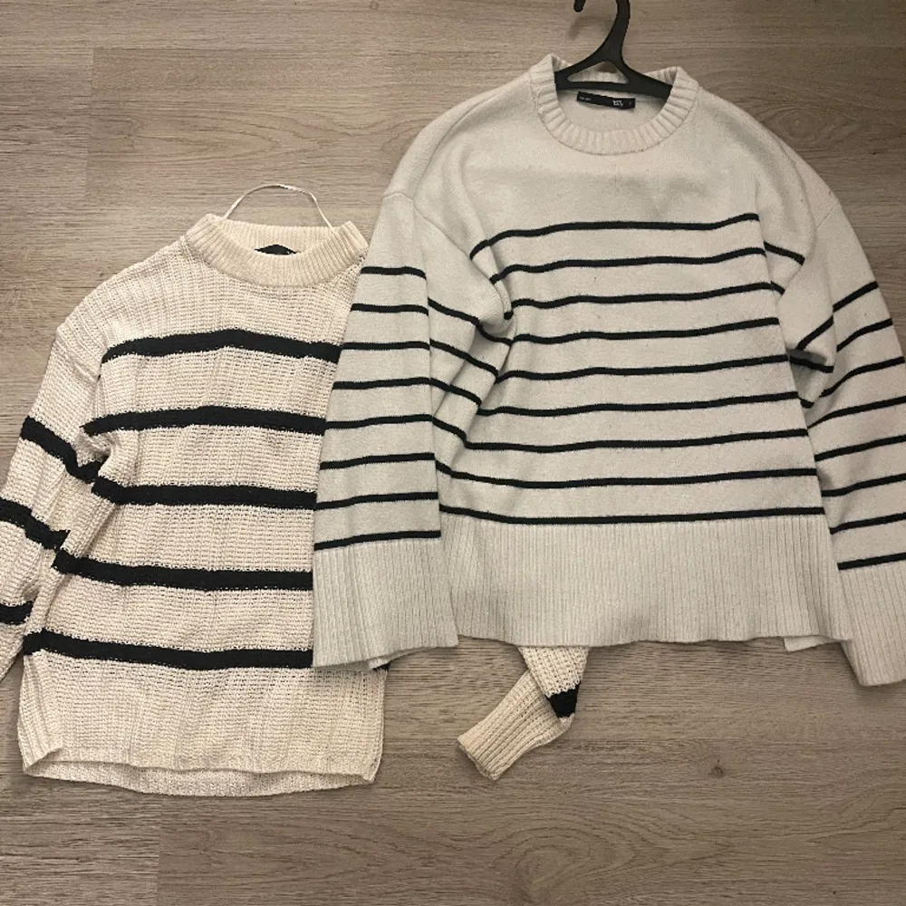 Säljer mina två svart/vit randiga tröjor från lager 157! Tröjan på sista bilden är storlek M och den andra är storlek S. Inte använt någon av dem så mycket, därav säljer jag dem! En för 65 och båda för 100!💓💓. Stickat.