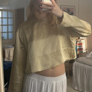 Silkesblus ljusgul - Suuuperfin blus i silke köpt second hand, ursprungligen från H&M. Färgen är en nyans av ljusgul/guld och är mycket elegant. En knapp som detalj i ryggen. Stl M. 