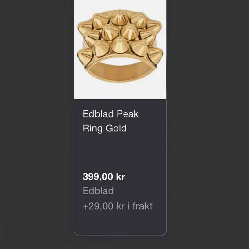 Säljer min taggiga guld ring från Edblad. Köpte den nyss. Så den ser som ny ut. säljer för den kommer inte till användning. Den är 18,5 mm. Accessoarer.