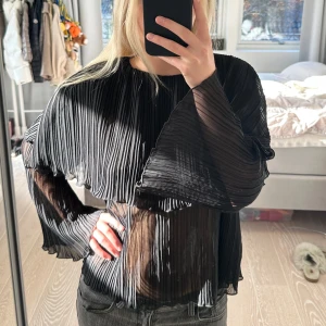 Svart plisserad blus - Säljer en elegant svart plisserad blus med långa ärmar. Den är transparent och har en lös passform, perfekt för en kväll ute eller en fest. Blusen har en fin detalj med knäppning i ryggen och ger en chic look. Märket är Zara och storlek S. Den är helt oanvänd och i perfekt skick