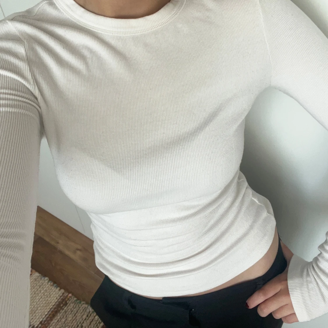 Vit ribbad långärmad tröja - 90