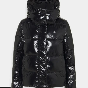 Svart glansig pufferjacka från Calvin Klein - Säljer en svart glansig pufferjacka från Calvin Klein. Den är perfekt för kalla dagar med sin tjocka vaddering och höga krage. Jackan har en dragkedja framtill och CK-loggan på bröstet. Den är både snygg och praktisk för vintern!