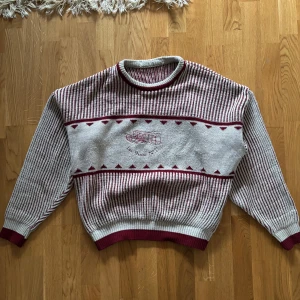 Grå och vinröd stickad tröja med flygplansmotiv - Säljer en unik grå och vinröd stickad tröja med ett flygplansmotiv och texten 'Les Vins A.P.T'. Tröjan har ett randigt mönster och långa ärmar. Perfekt för höst och vinter! 🛩️