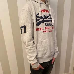 Grå hoodie från Superdry - Säljer en grå hoodie från Superdry med tryck i marinblått och rött.  Modellen är 176 