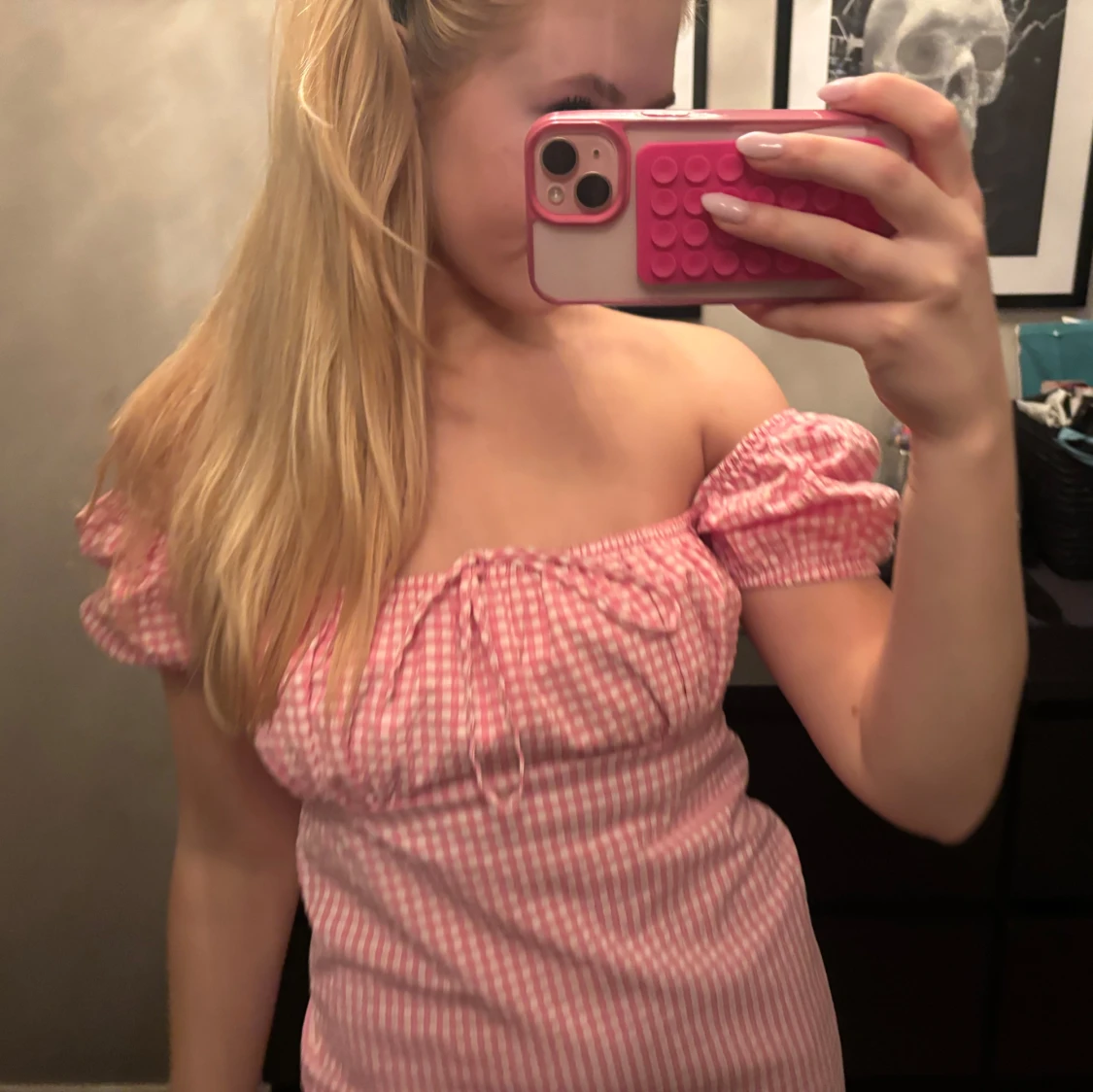 Rutig rosa klänning - 90