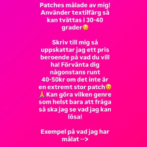 Handmålade patches med textilfärg - Unika handmålade patches som kan tvättas i 30-40 grader. Designen inkluderar olika genrer och stilar, från bandloggor till kreativa slogans som 'Make Cupcakes Not War'. Perfekt för att ge dina kläder en personlig touch.