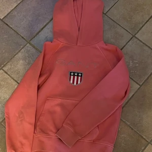 Rosa hoodie från GANT - Säljer en snygg rosa hoodie från GANT med en klassisk logga och ett sköldemblem på bröstet. Perfekt för en avslappnad stil med en stor ficka framtill och en bekväm huva. Passar perfekt för kyligare dagar. skick 7/10 har en fläck på vänster arm.