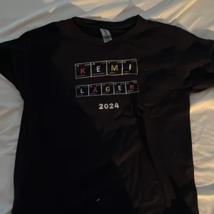 Svart t-shirt från Gildan med tryck - Säljer en svart t-shirt från Gildan i heavy cotton med tryck 'KEMI LÄGER 2024' i färgglada bokstäver. Perfekt för dig som är kemiälskare eller som en rolig T-shirt. Kortärmad och bekväm passform.
