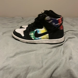 Färgglada Nike sneakers - Snygga och unika Nike sneakers med svart bas och färgglada detaljer i blått, grönt, rött och gult. Skorna har snörning och en hög modell som ger extra stöd. Lite slitna men fortfarande funkar.