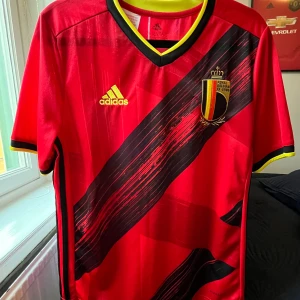 Röd Belgien Tröja från Adidas -  Snygg röd Belgien fotbollströja från Adidas med svarta diagonala ränder. Tröjan har korta ärmar med gula och svarta detaljer vid ärmslut och krage. Tröjan är från säsongen 2020/21.  Då man spelade i Em 2020. Skick 8/10, använd fåtal gånger. Tröjan är Köpt på Classic Footballshirts i London. Nypris är 95 pund/Ca 1000 kr. Säljs för 449 kr. Priset är inte hugget i sten 🪨. Hör av er om ni är intresserade. Mvh Sigge 🤙🥂