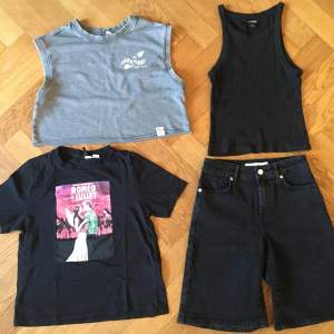 Grått linne med tryck, Divided, stl s Svart t-shirt med Romeo och Julia-tryck, Divided, stl xs Svart linne, Monki, s Svarta jeans shorts, Carin Wester, stl 34, aldrig använda  Pris: 20:- per plagg