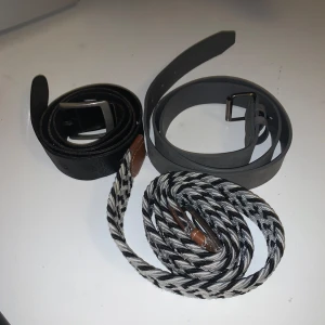 Tre bälten i olika stilar 120/st eller totalsumma 350 för alla tre!  - Säljer tre bälten i olika stilar. Ett svart skinnbälte med silverfärgat spänne, perfekt för både vardag och fest. Ett grått bälte i läderliknade material, med ett stilrent spänne, idealiskt för en mer avslappnad look. Det tredje är ett flätat bälte i svart och vitt, som ger en cool touch till vilken outfit som helst, detta är från onewear!😃 Alla i bra skick! OBS 120 spänn styck