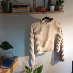 Beige ribbad polotröja från H&M - Säljer en snygg beige ribbad polotröja från Divided. Tröjan är croppad och har långa ärmar, perfekt för en stilren look. Den är gjord i ett mjukt material som känns skönt mot huden. Passar utmärkt för kallare dagar. Storlek xs men passar som s