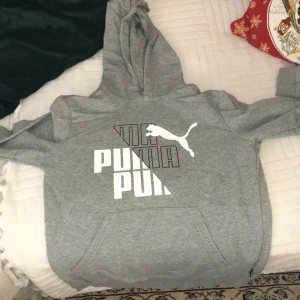 Grå hoodie från Puma - Säljer en grå hoodie från Puma med stor logga på framsidan. Tröjan har en klassisk design med huva och långa ärmar. Perfekt för en avslappnad stil.