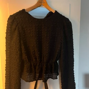 Svart blus från Shein - Säljer en svart blus från Shein med långärmad design och en texturerad yta. Blusen har en elastisk midja som ger en fin passform. Perfekt för att lägga till en stilfull touch till din garderob.