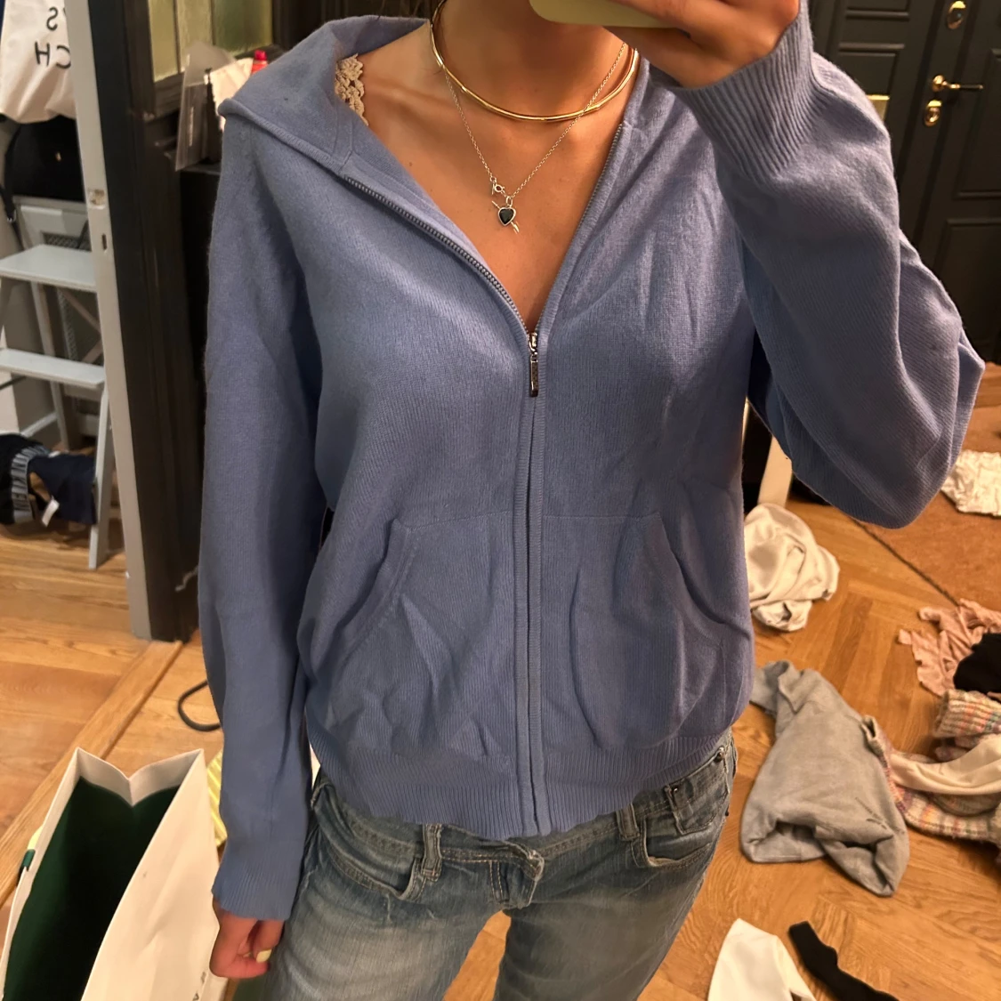 Blå hoodie med dragkedja - 90