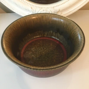 Keramikskål från Sandra Rich - Säljer en snygg keramikskål från Sandra Rich. Skålen har en vacker brun och grön glasyr med en röd kant på insidan. Perfekt för att ge ditt hem en rustik och stilren känsla. Skålen är i fint skick . höjd 9,04cm och 21diam