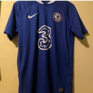 Blå Chelsea fotbollströja - Säljer en blå Chelsea fotbollströja från Nike med korta ärmar. Tröjan har klubbens emblem på bröstet och ett stort nummer tre i vitt på framsidan. Perfekt för alla Chelsea-fans! 💙