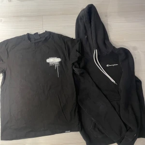 Svart t-shirt med tryck - Snygg svart t-shirt med ett unikt vitt tryck på både fram- och baksidan. Texten 'Rich One Day' är tryckt i en cool, droppande stil på baksidan. Säljer även Champion hoodie! Sälj som paket eller enskilt! Pris går att diskuteras!