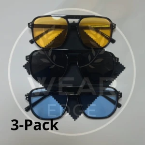 3-pack solglasögon med olika linser - Snyggt 3-pack solglasögon med svarta bågar och olika färgade linser: gul, svart och blå. Perfekt för att variera stilen beroende på humör och tillfälle. Bågarna har en klassisk design som passar de flesta ansikten.