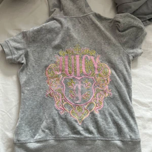 Grå kortärmad zipup hoodie med broderad rygg - Säljer en grå kortärmad zipup hoodie. Broderad rygg där det står juicy i rosa och guld. Ärmarna är puffade. Saknar lapp men är i storlek S💕Skriv om frågor💕💕