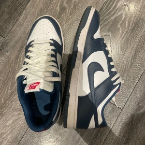 Nike Dunk i blått och vitt - Snygga Nike Dunk sneakers i en stilren kombination av blått och vitt. Skorna har klassisk snörning och en bekväm passform. Kom med bud!:) Använda två gånger bara!