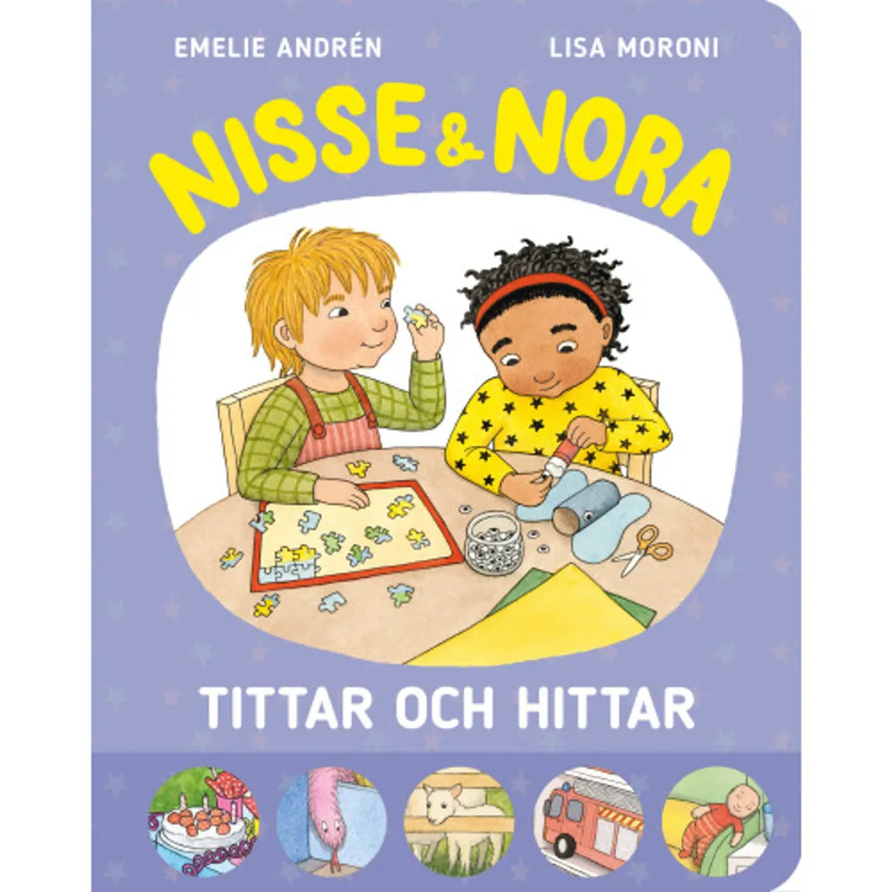 I Nisse & Nora tittar och hittar får barnen hjälpa till att leta efter saker i bilder som vi känner igen från några av de tidigare böckerna. Här finns mycket roligt att upptäcka. Till exempel på stranden, hos djuren på bondgården och på trädgårdskalaset.Nisse & Nora-böckerna rör sig i bekanta miljöer och snuddar vid ämnen och känslor som små barn kan relatera till. Med en viss dramatik, men det blir alltid bra till slut. Format Board book Omfång 16 sidor Språk Svenska Förlag Alfabeta Utgivningsdatum 2023-05-16 Medverkande Lisa Moroni ISBN 9789150122596 . Böcker.