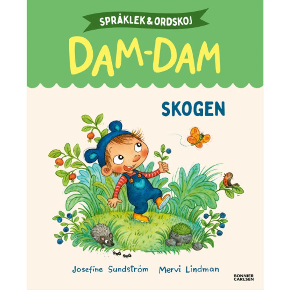 Dam-Dam ska gå till skogen.Dam-Dam är stor och kan klä på sig själv, både skor och kofta. Dam-Dam kan gå själv. Inte åka vagn!Skogen är stor och Dam-Dam liten. Det finns mycket att uppleva bland träden. En fjäril, en fjäder, fåglar som piper och geggamoja som klafsar. Dam-Dam tittar pekar och känner. På ängen finns blommor och gräs.Men ...