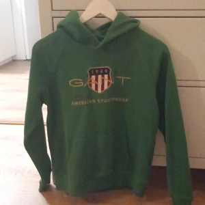 Grön hoodie från GANT - Säljer en snygg grön hoodie från GANT med deras klassiska logga på bröstet. Perfekt för en avslappnad stil och passar bra till både jeans och träningsbyxor. Den har en skön passform och är i bra skick. Perfekt för höst och vår!