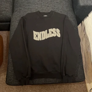 Svart sweatshirt från Vailent S - Säljer en svart sweatshirt från Vailent med texten 'ENDLESS' i grå på framsidan. Tröjan har en klassisk rund hals och långa ärmar, perfekt för en casual look. Den är i bra skick och passar både till vardags och chillkvällar. Skön och stilren, ett måste i garderoben! Strl S
