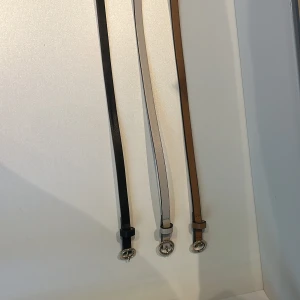 Skärp - 3 st fina skärp från H&M i färgerna brun, svart o beige/grå. Storlek xs. Knappt använda, som nya. Går säkert att göra fler hål i som det brukar göra på skärp. Säljer då de inte används. 1=20kr, 3=50kr. KOLLA MIN PROFIL 💕