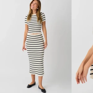 Stickad kjol från Gina Tricot  - En randig stickad kjol från Gina Tricot, använt endast en gång då den är för stor på mig. Storlek S, original pris 399kr och är näst intill slutsåld på hemsidan. Den har en liten slits bakom. 