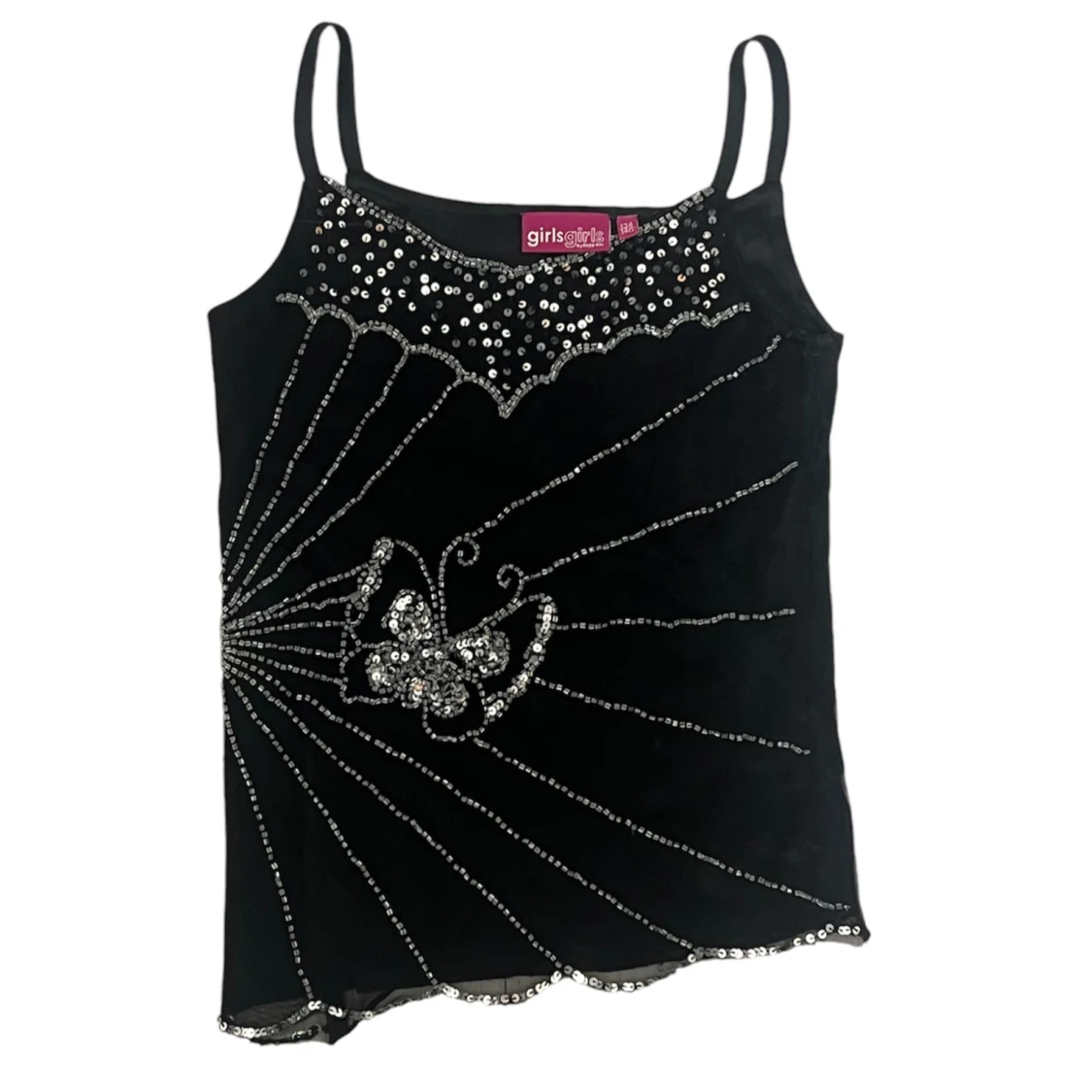 Svart linne med paljetter och fjärilsdesign