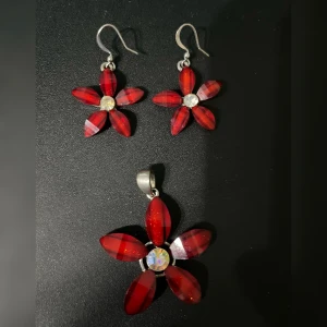 Halsband och örhängen Y2K - Halsband med blomma som motiv som tillkommer med matchande örhängen, i fint skick. Örhängena har använts enstaka gånger.  Ingen kedja tillkommer!  Pris kan diskuteras vid snabb affär!