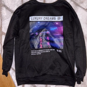 Svart tröja med tryck och brun tröja med drake - Två tröjor till salu. Den första är en svart tröja med ett futuristiskt tryck och texten 'Luxury Dreams'. Den andra är brun med beige ärmar och ett stort drakmotiv på framsidan. Perfekta för en unik stil.