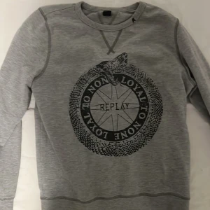 Grå sweatshirt från Replay - Säljer en grå sweatshirt från Replay med ett stort tryck på framsidan. Tröjan har långa ärmar och rund halsringning. Perfekt för en avslappnad stil.