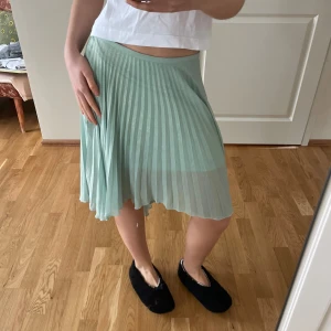 Mintgrön plisserad kjol - Säljer en superfin mintgrön plisserad kjol som är perfekt för vår och sommar. Kjolen har en luftig och flödande design som ger en härlig rörelse. Den är knälång och har en elastisk midja för extra komfort. Passar perfekt till en enkel topp eller blus.