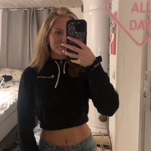 Svart croppad hoodie från Champion - Säljer en svart croppad hoodie från Champion med logotyp på bröstet och ärmen. As snygg men använder den aldrig. Så använt kanske 2 gånger. Storlek S😊