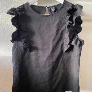 Svart ärmlös topp med volangdetaljer - Säljer en stilren svart topp. Den är ärmlös med snygga volangdetaljer längs axlarna. Perfekt för både vardag och fest! Toppen har en liten knapp i nacken för enkel på- och avtagning.