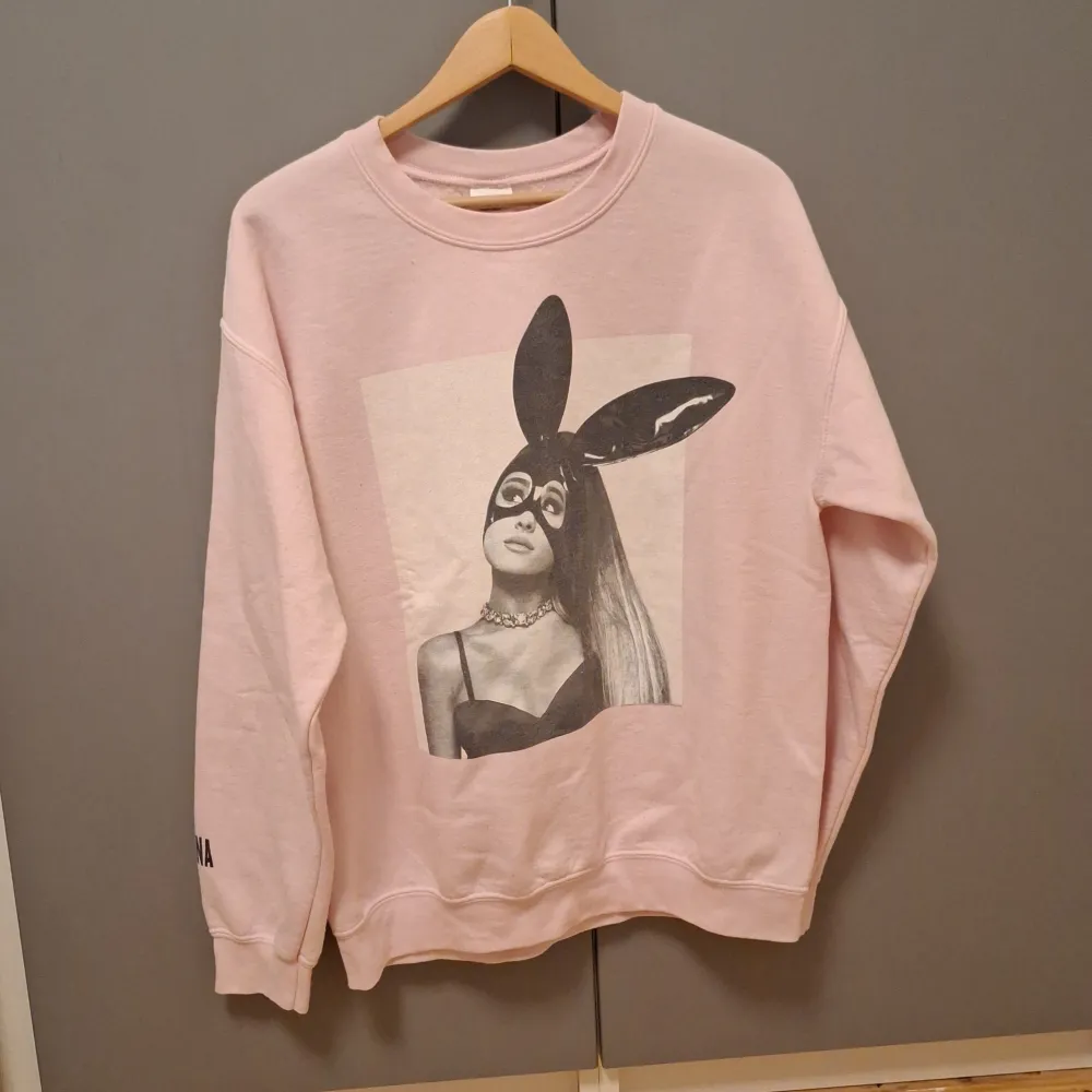 Säljer en superfin rosa sweatshirt från Ariana Grandes Dangerous Woman Tour. Den är väldigt oversized. Har en liten fläck på varsin arm vid mudden (märks inte så mycket) men annars i bra skick. Kom privat för frågor💕. Tröjor & Koftor.