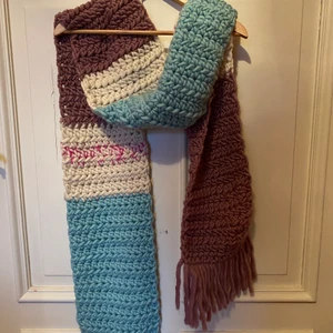 Crochet halsduk - Handmade crochet scarf, light blue, lilac, white and a little of pink. 2,15m long and 30cm wide