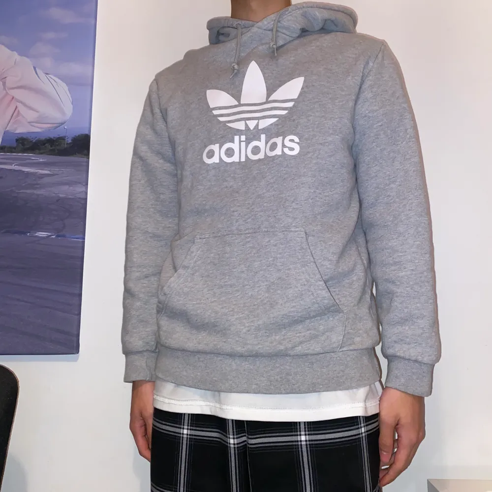En grå Adidas Orginals Hoodie i storleken SMALL. Det är en vintage stilfixerad hoodie och den sitter som svensk medium då den är amerikansk storlek. Hoodien köptes 2018 i San Fransisco men har ej använt den på över ett år!DM VID INSTRESSE ELLER FRÅGOR <3. Hoodies.