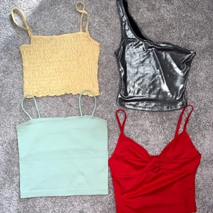 Linnen  - 3 superfina och knappt använda toppar då jag växte ur de fort, alla är i storlek Xs och är i nyskick💞 Det vänstra alltså det gula är från Ginatricot. De högra kommer ifrån H&m (silvriga). Vid frågor kom privat, spårbar frakt 51kr. Vid köp av flera plagg samtidigt postas det ihop och man betalar bara för en frakt. 1 för 40kr+51kr i frakt eller båda för 125kr inklusive frak)😇Det röda & det gröna  e sålda