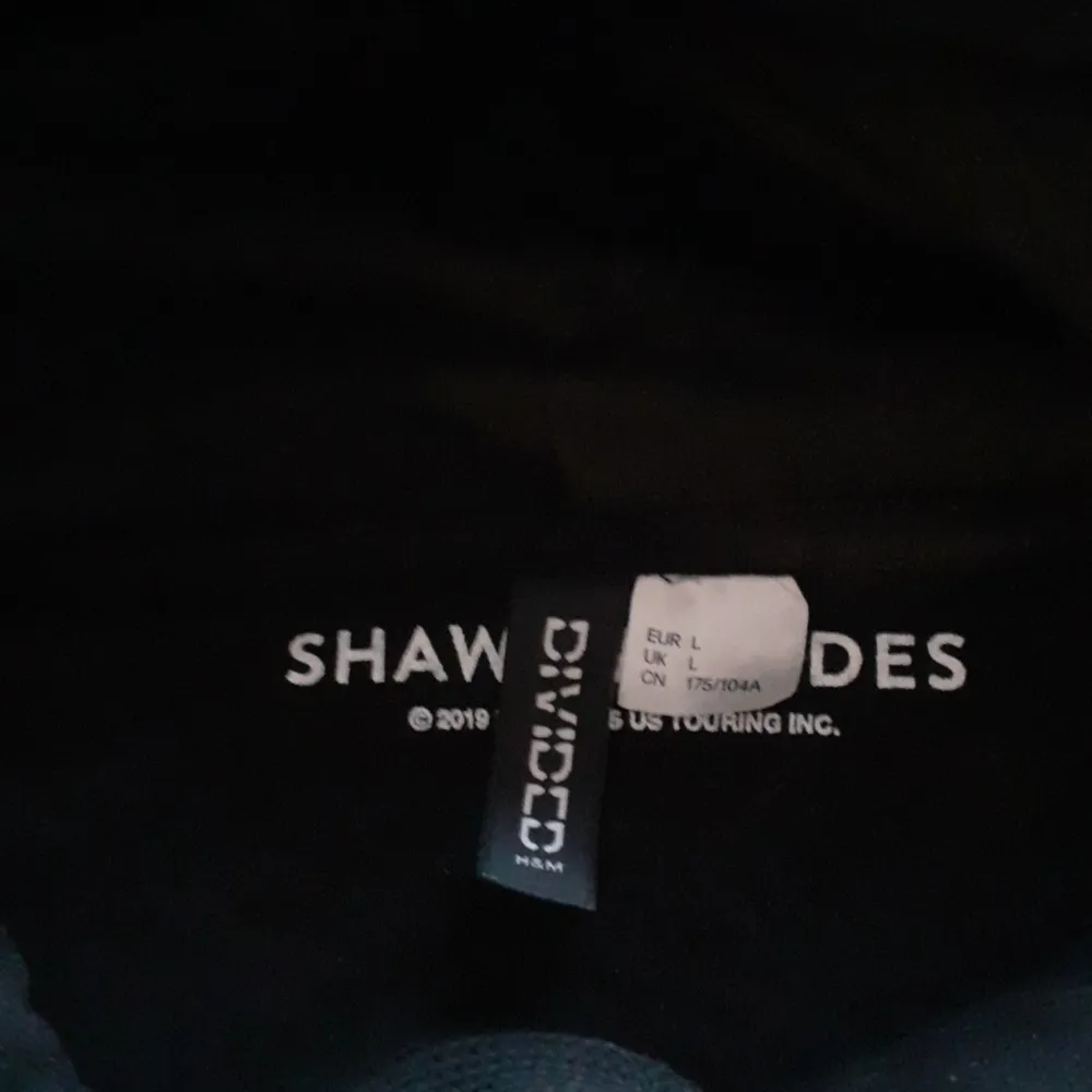 En hoodie från HM i strl L. Lite längre hoodie så man skulle kunna ha den som klänning om man så skulle önska. Det är ett tryck av Shawn mendes på framsidan och lite av hans låtar där bak . Hoodies.